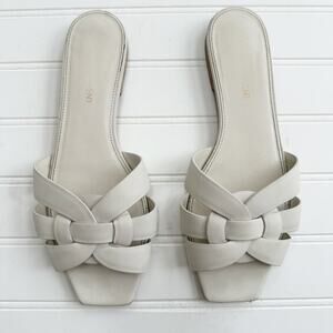 Saint Laurent Tribute Woven Flat Sandals White Leather Slide Shoes Women’s 37